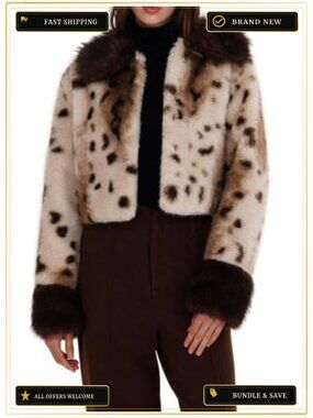 Cropped Faux Fur Jacket Leopard Print Coat Pockets Long Sleeve Hook Eye